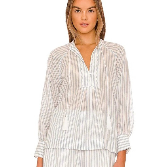 Joie Women's White Blue Dracha Stripe Long Sleeve Blouse Top Large - Picture 2 of 11